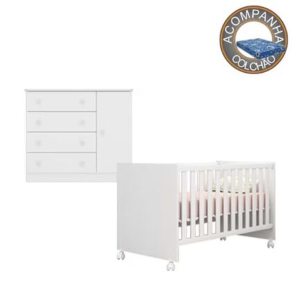 Kit Berço 1344 Com Rodízios Com Colchão Baby Physical e Cômoda 2561 Linha Doce Sonho Qmovi Ortobom