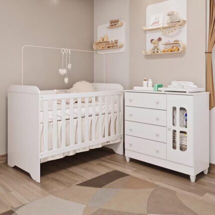 Quarto de Bebê Gabrielle Cômoda com Porta Berço 3 em 1 Branco Carolina Baby